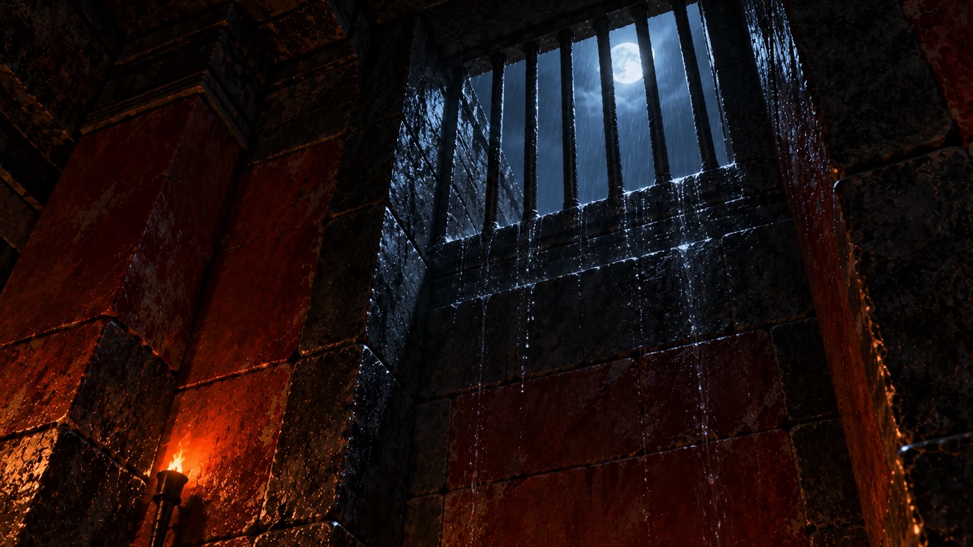 Moonlight falls through a high barred opening onto the red stone walls of the Labyrinth.