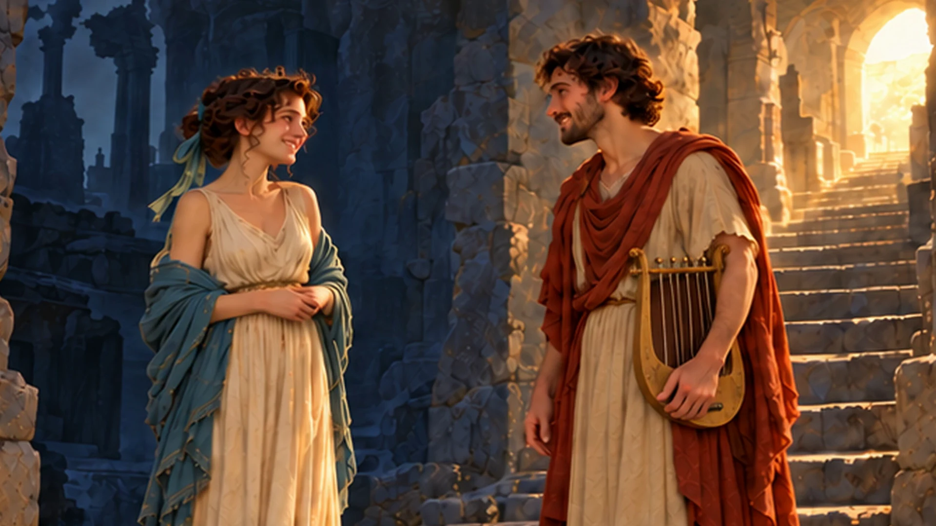 Orpheus holds a lyre while facing Eurydice among stone ruins, with warm light beyond the steps.