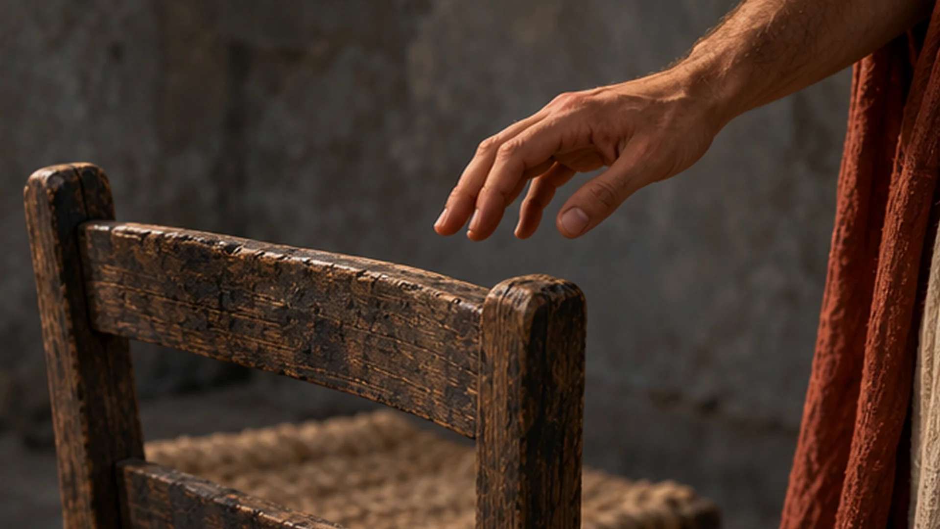 A hand reaches towards the worn back of an empty wooden chair.