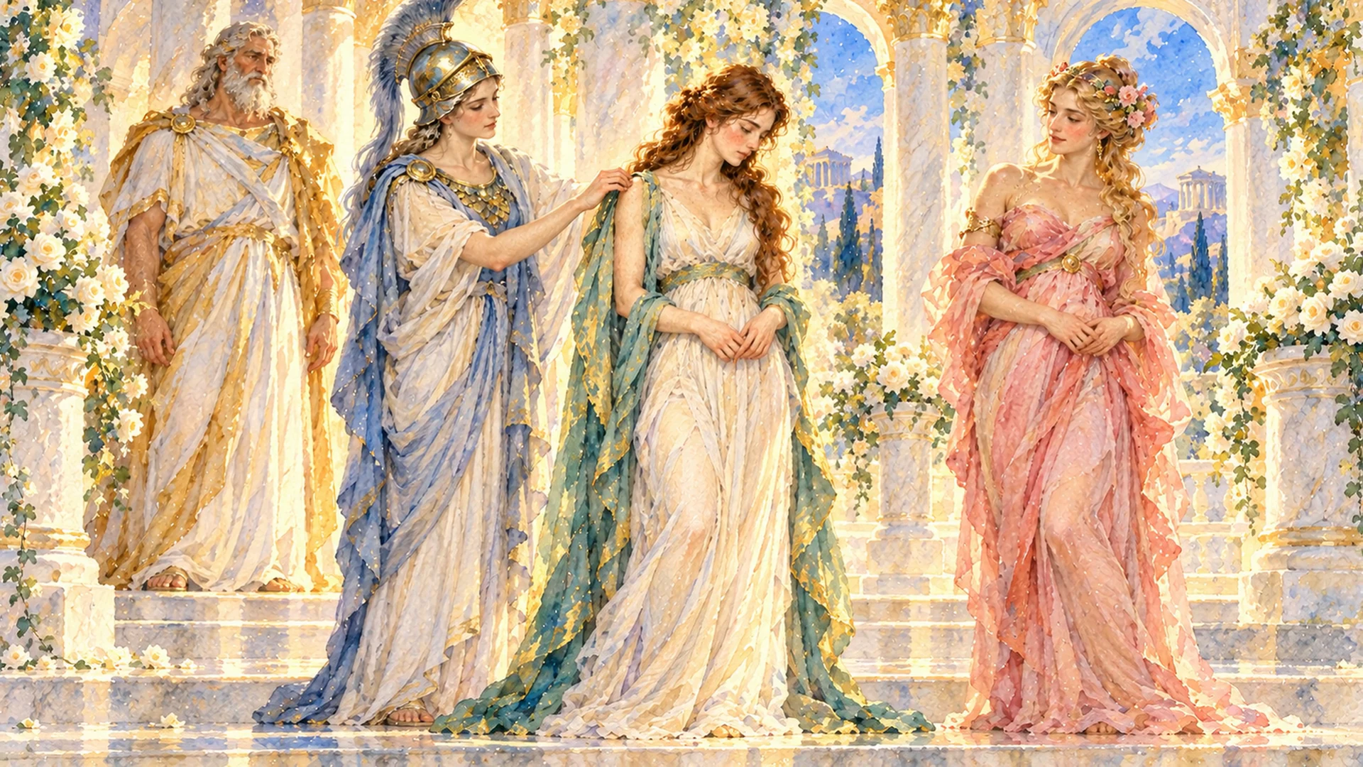 Pandora stands with lowered eyes between Athena and a pink-robed goddess in a luminous flower-filled hall.
