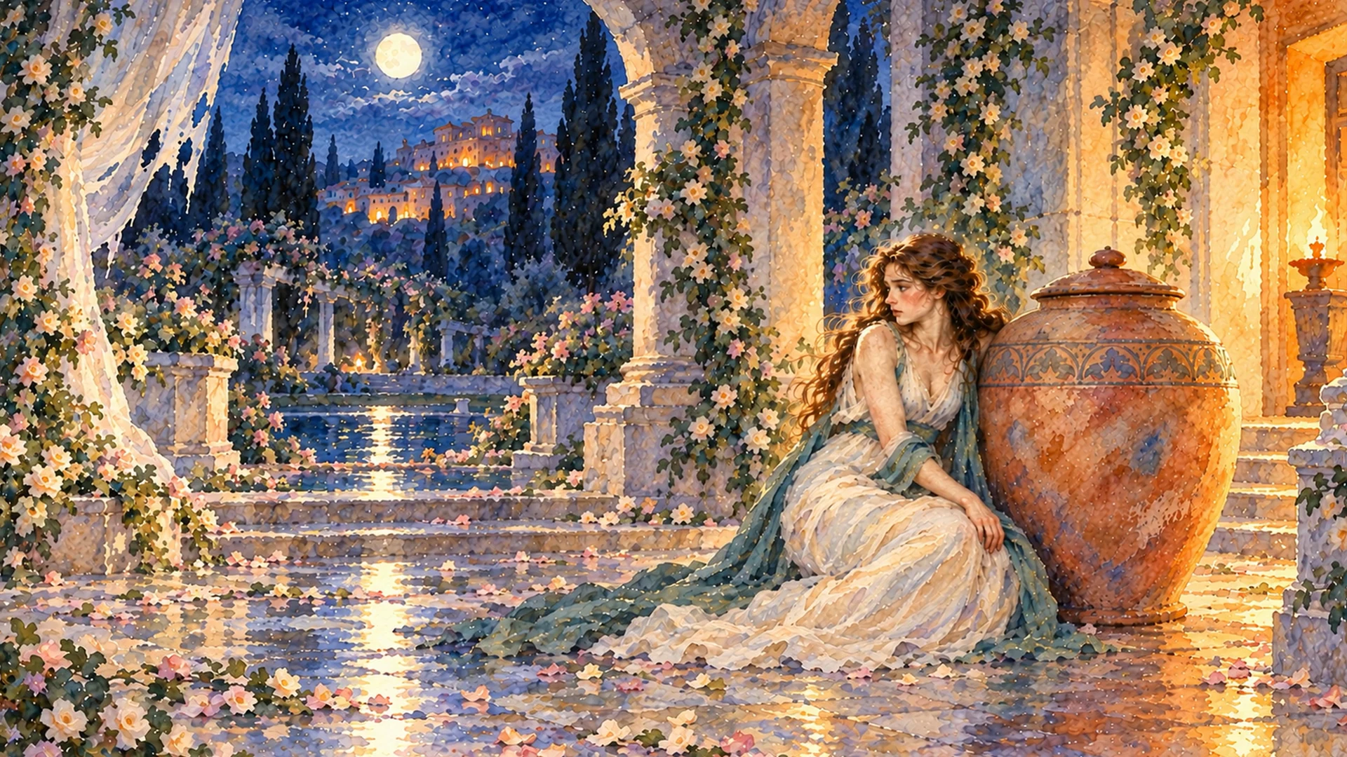 Pandora sits beside a large closed terracotta jar in a moonlit garden painted in blue and gold.