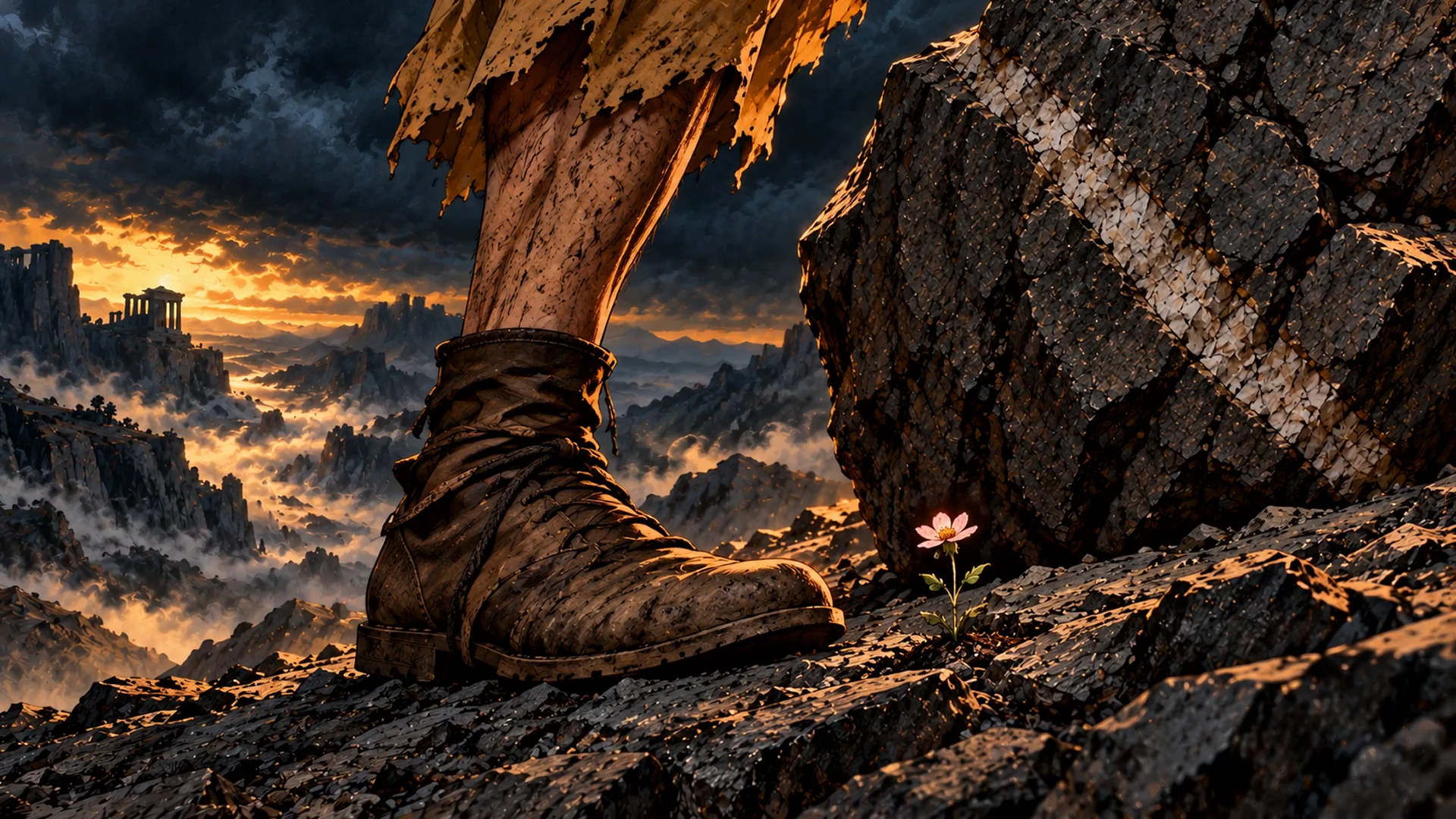 A small pink flower grows beside Sisyphus’s worn boot and the edge of his enormous boulder.
