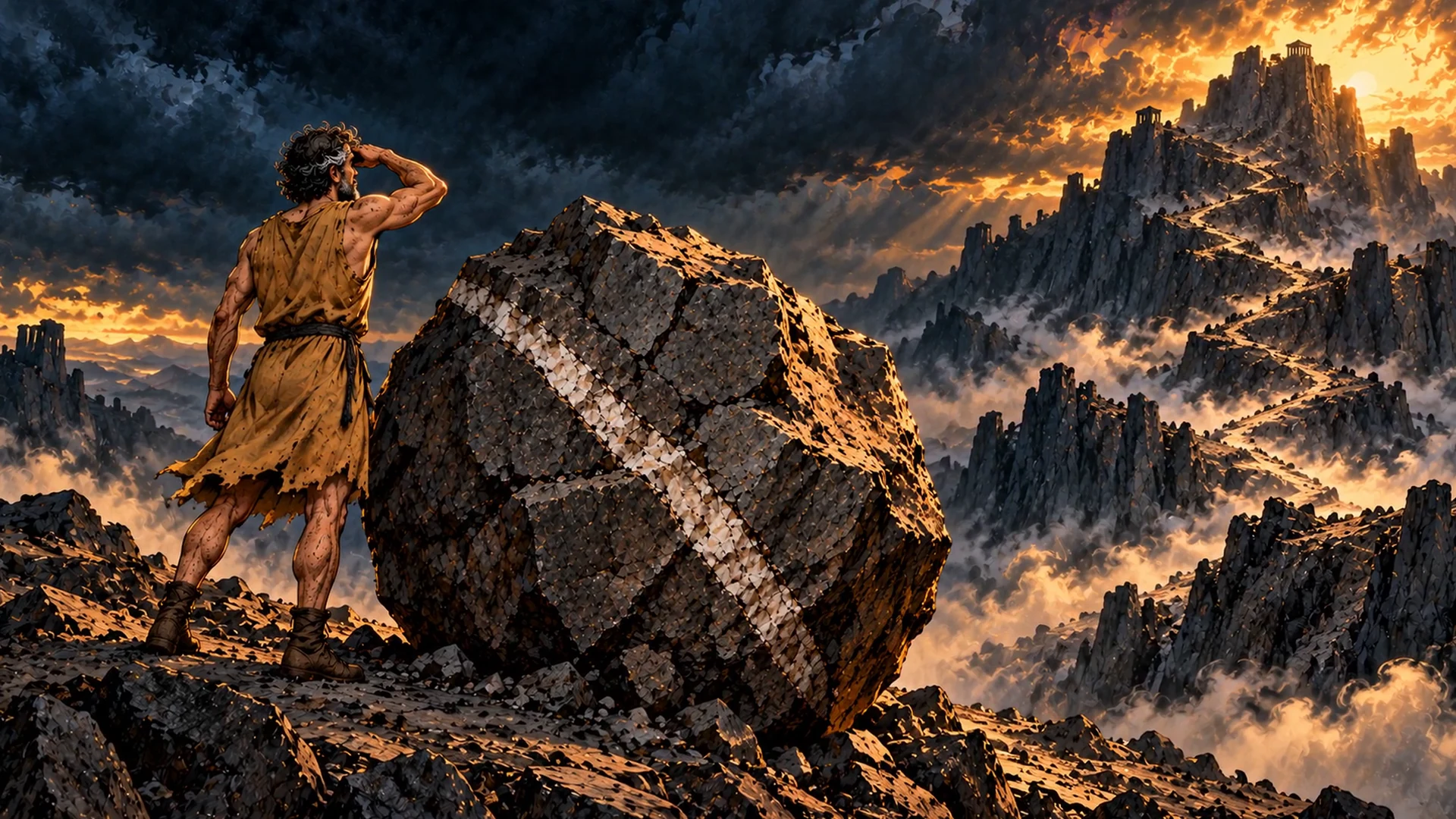 Sisyphus stands beside his enormous boulder, one hand against his head, beneath a stormy sky.