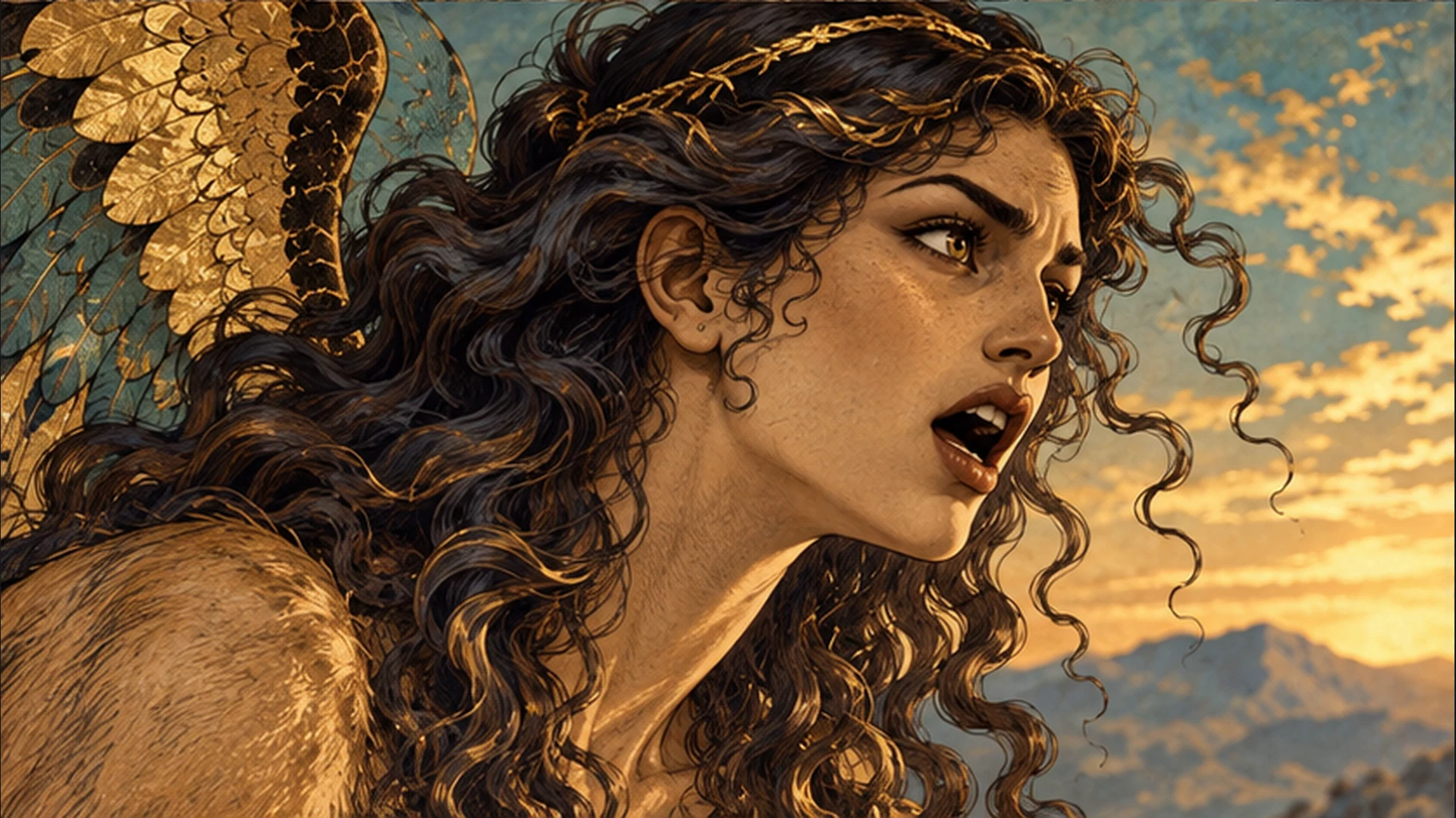 The Sphinx speaks in close-up, her dark curls and gold feathers outlined against the sky.