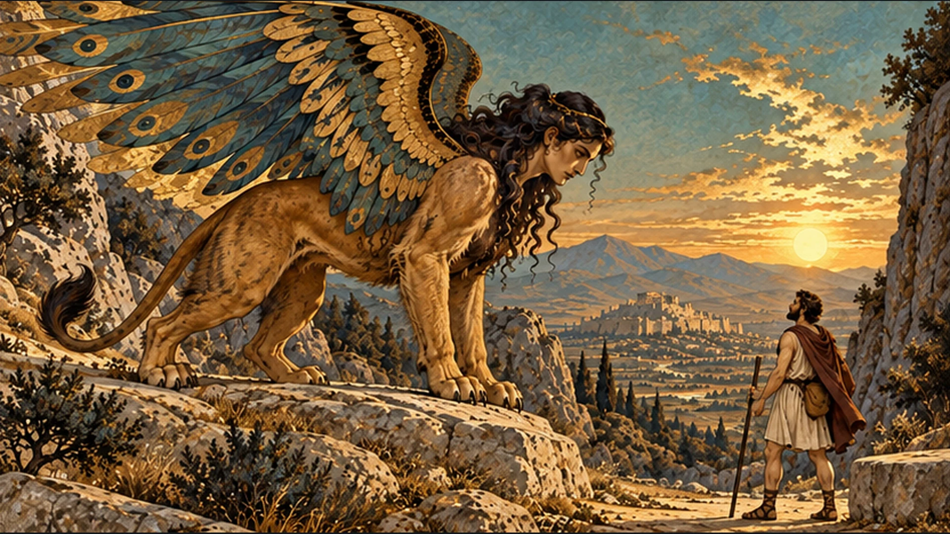 A traveller faces the enormous winged Sphinx on a rocky ledge above a distant city.