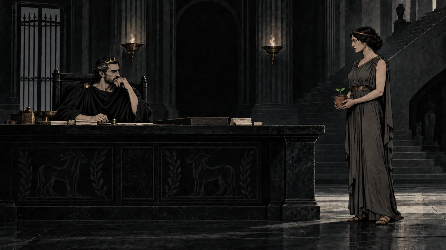 Persephone holds a small potted green shoot before Hades at his desk in the dark stone Underworld.