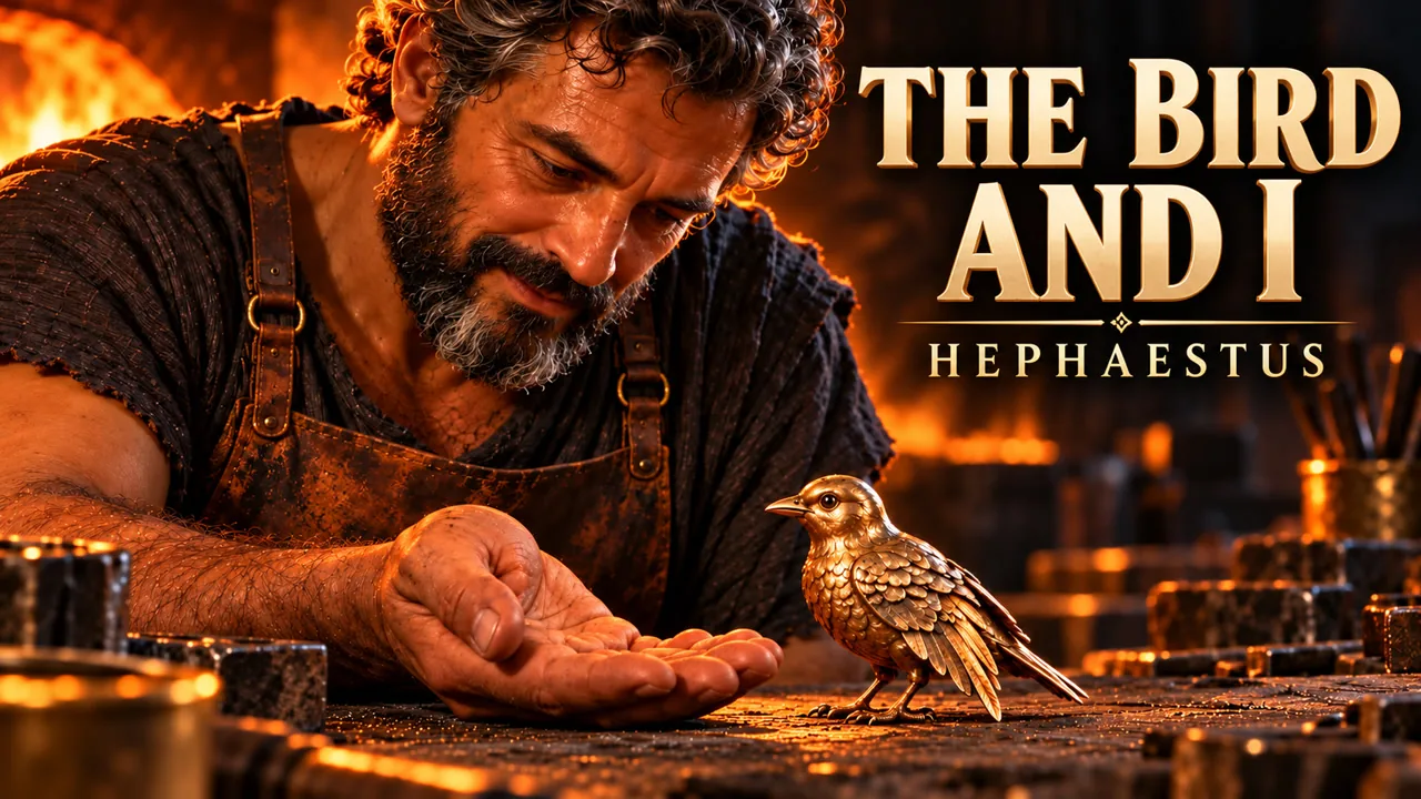 A bearded Hephaestus works in a warm-lit forge beside a small golden bird and the film title.