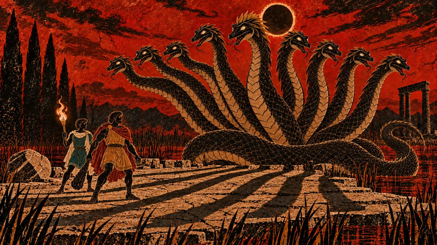 Heracles and Iolaus face a towering many-headed Hydra beneath a dark sun in red, black and gold artwork.