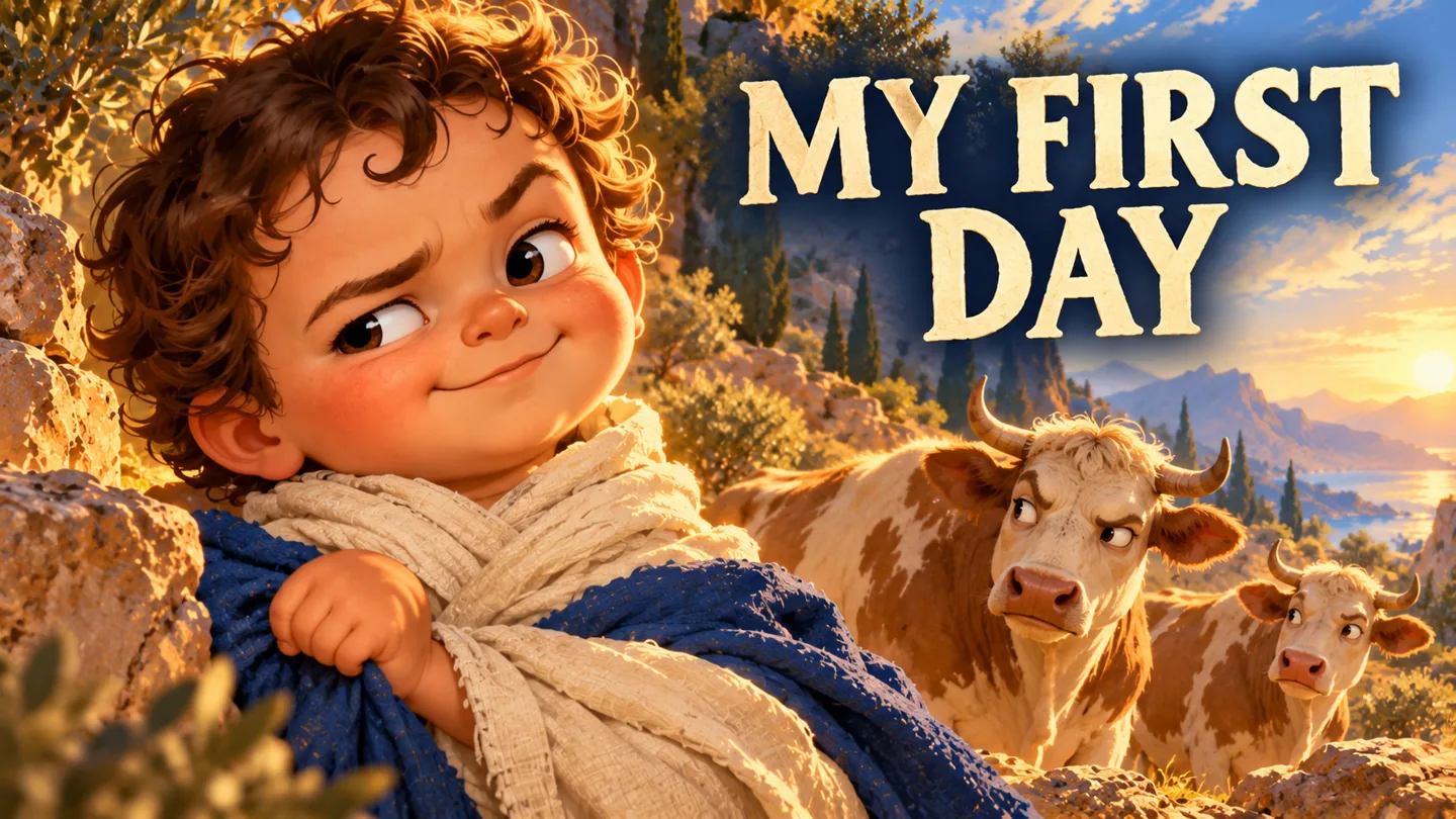 A curly-haired infant Hermes smirks in a blue-and-white wrap with cattle behind him and the words My First Day.