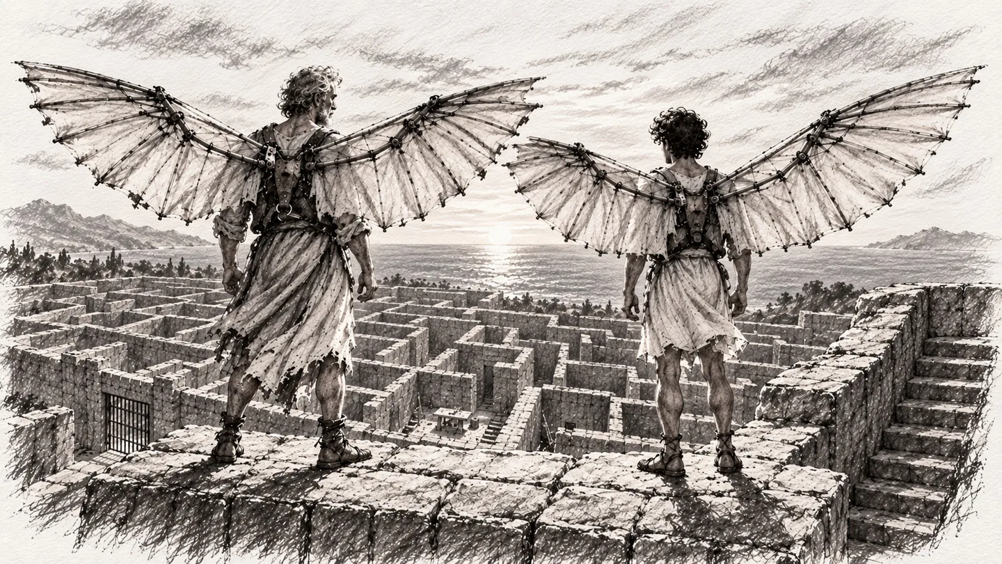 Daedalus and Icarus spread mechanical wings above the Labyrinth, looking toward the sea.