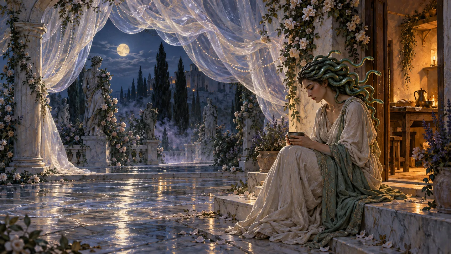 Medusa sits with a cup beneath translucent curtains in a moonlit garden.