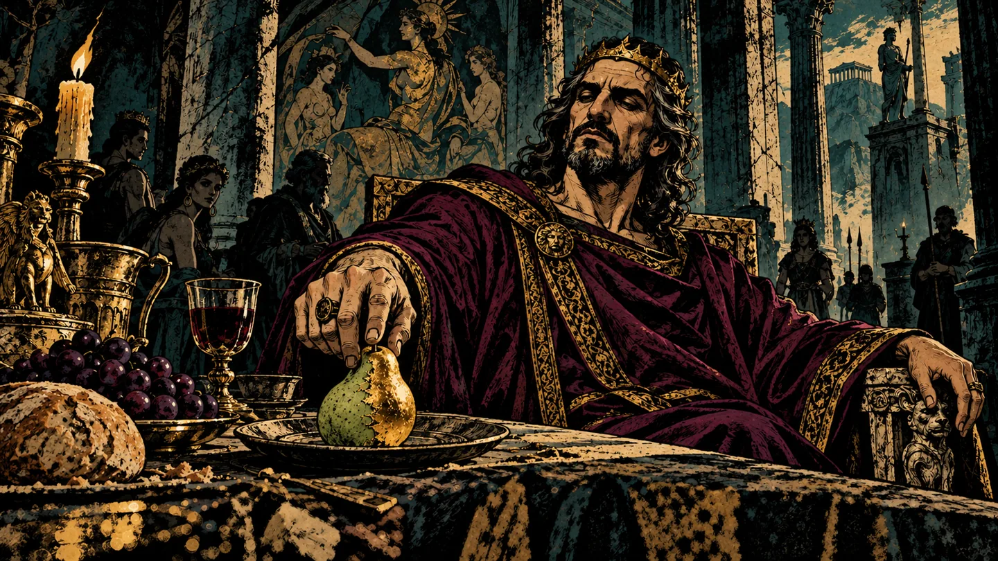Midas sits at a laden table, touching a pear that is turning gold, in dark ink-like artwork.