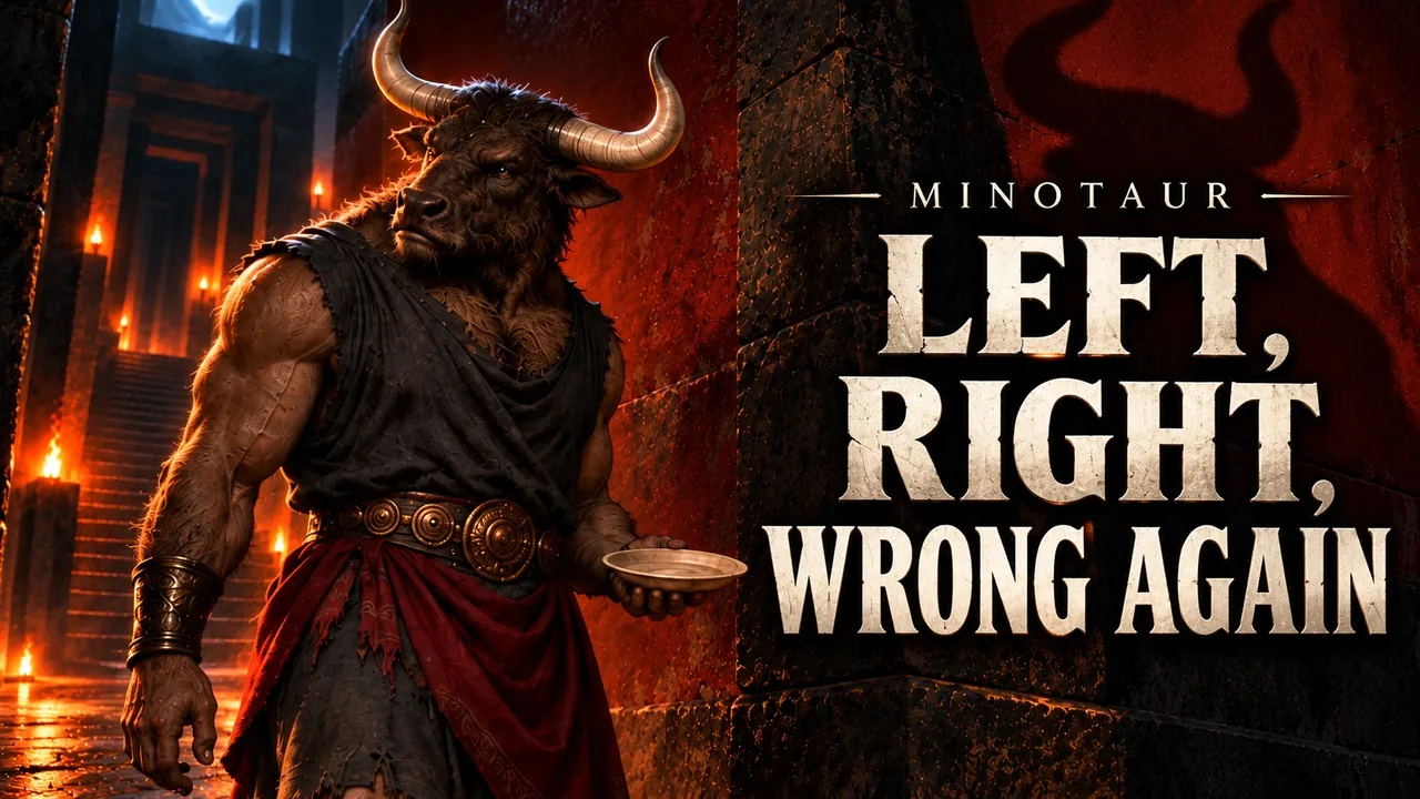 A muscular bull-headed figure in a black tunic holds an empty plate in a torchlit stone corridor beside the film title.