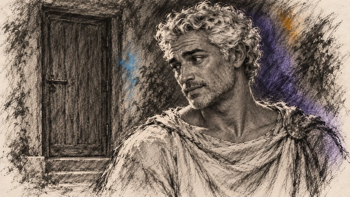 Silver-curled Morpheus in charcoal, with a violet shadow beside a closed door.