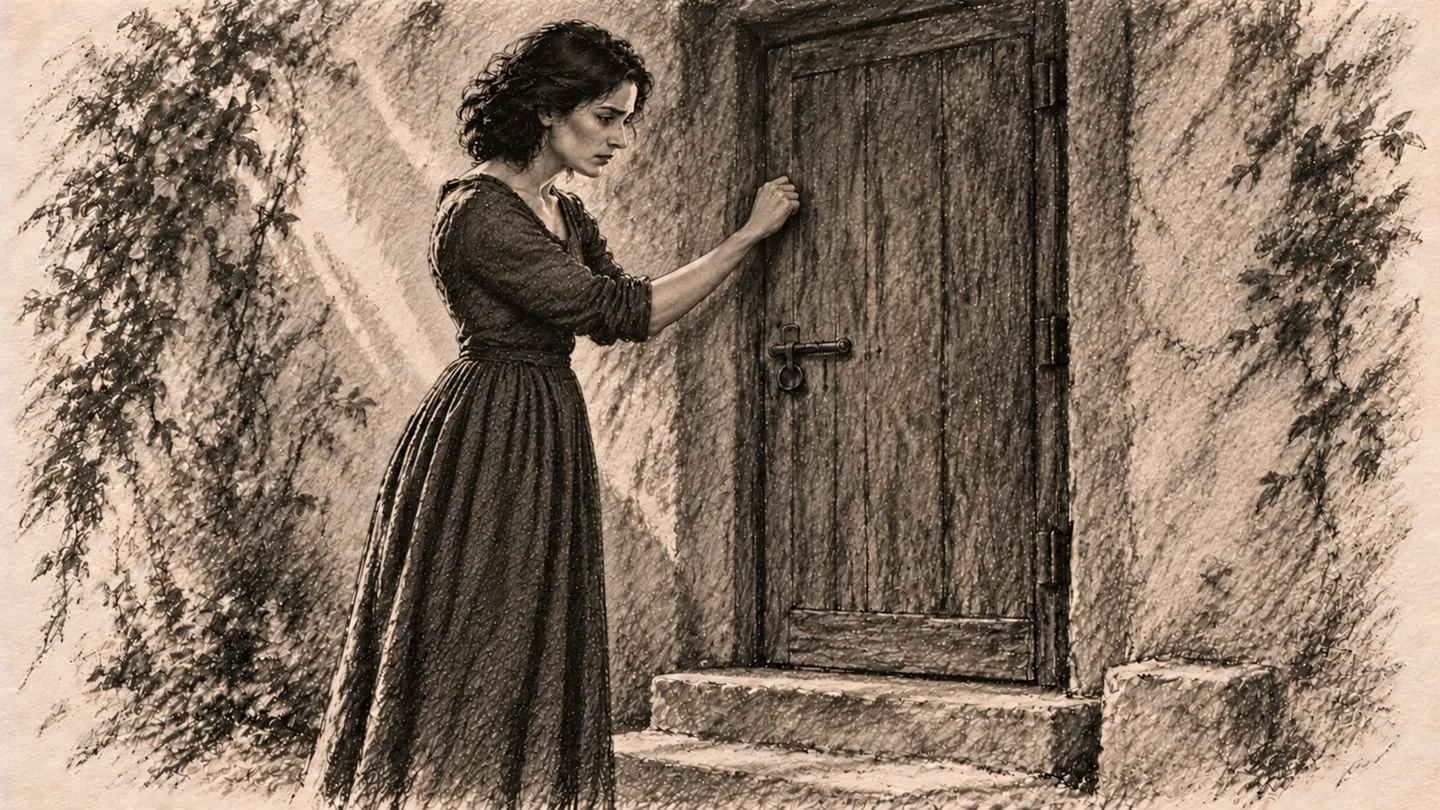 The woman raises her hand to knock at an ordinary closed wooden door.