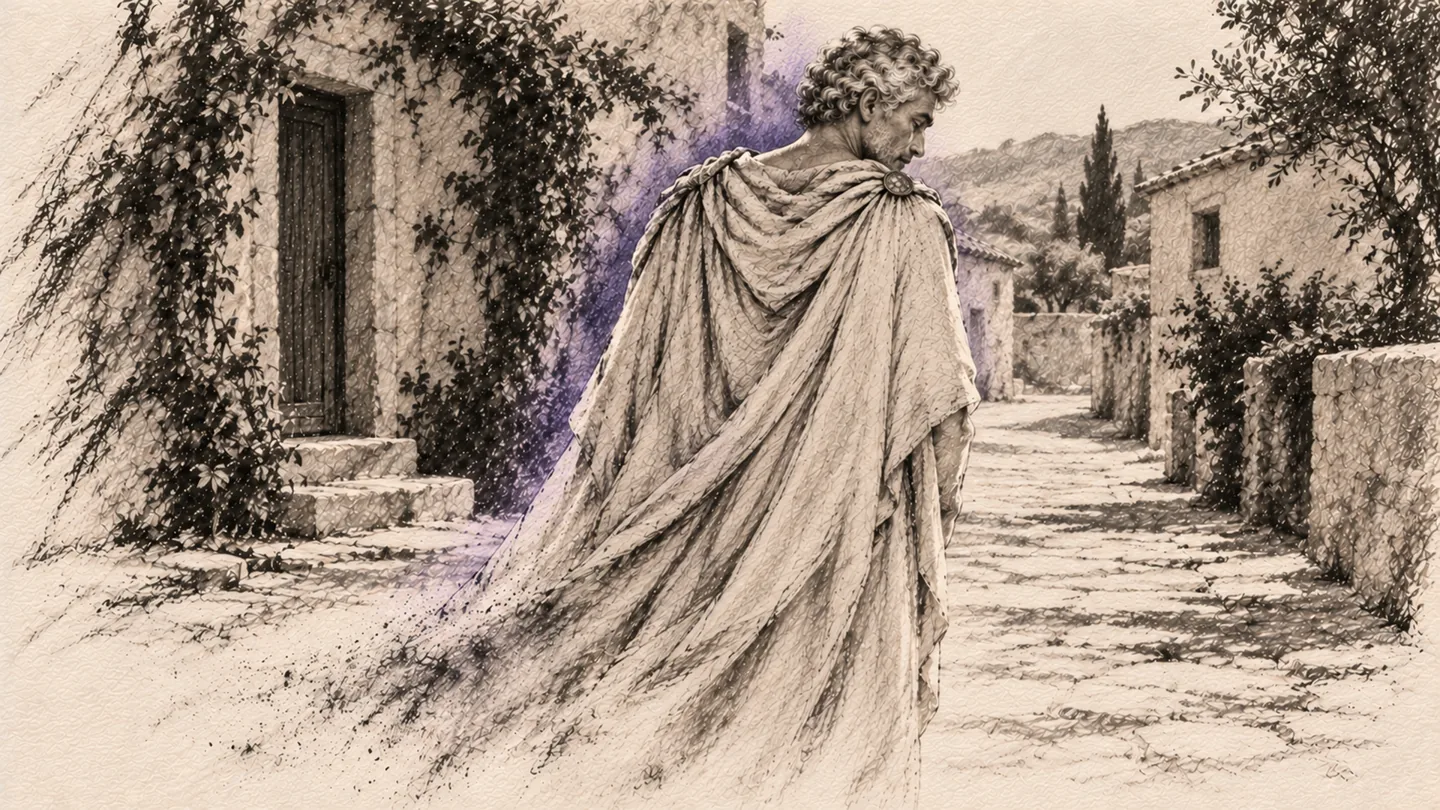 Morpheus turns away down a pale street as the charcoal edges of his mantle fade.