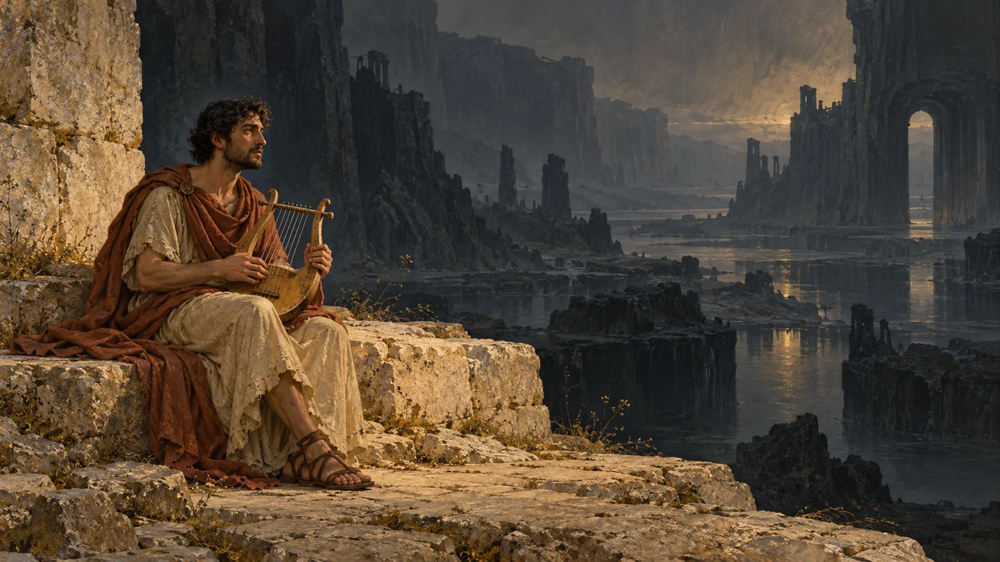 Orpheus sits with a lyre on a pale stone ledge above dark water and distant ruins.