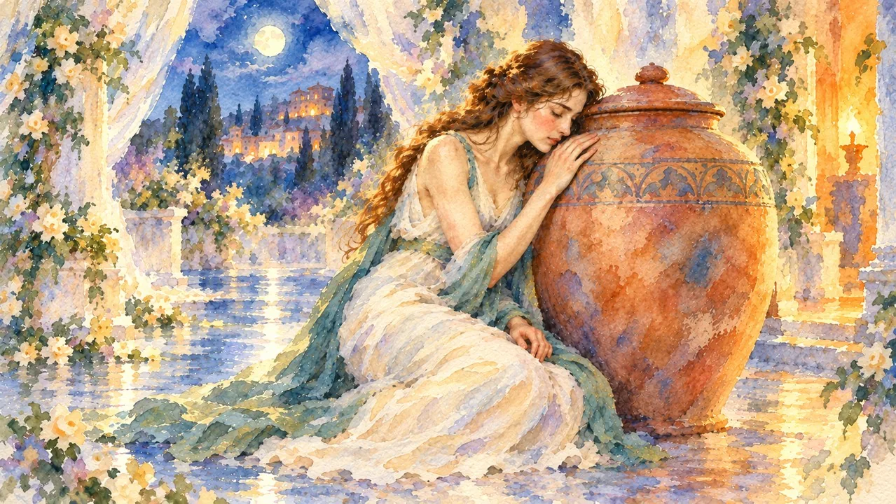 Pandora leans against a closed terracotta jar in a blue-and-amber watercolor garden.