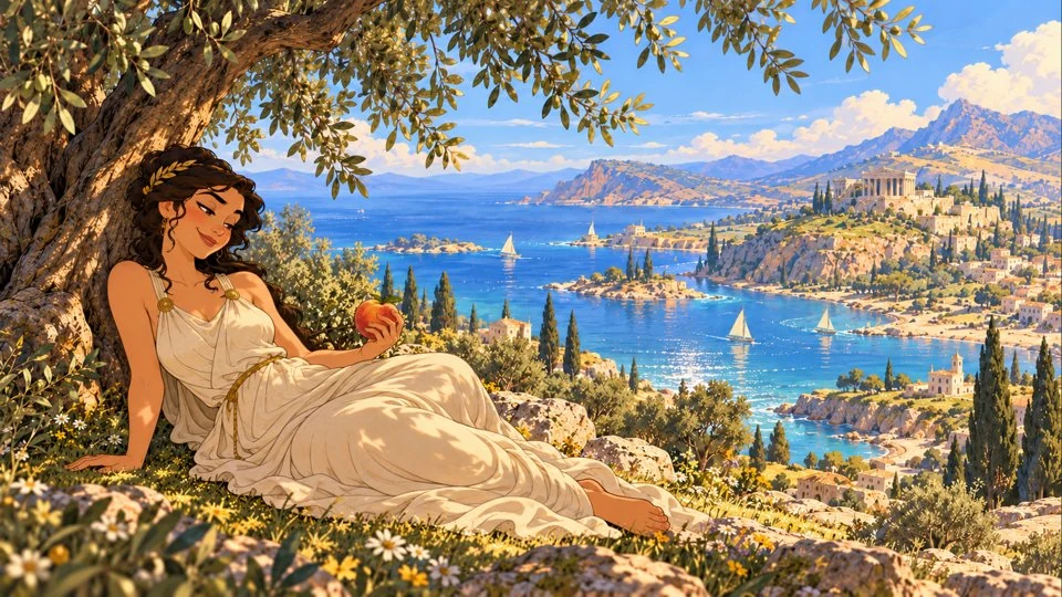 Sinope rests beneath an olive tree with a peach, overlooking a sunlit bay.