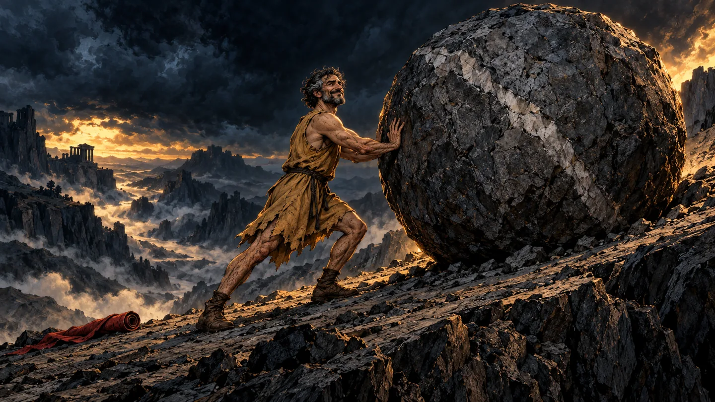 Sisyphus smiles as he braces both hands against an enormous boulder on a rocky slope.
