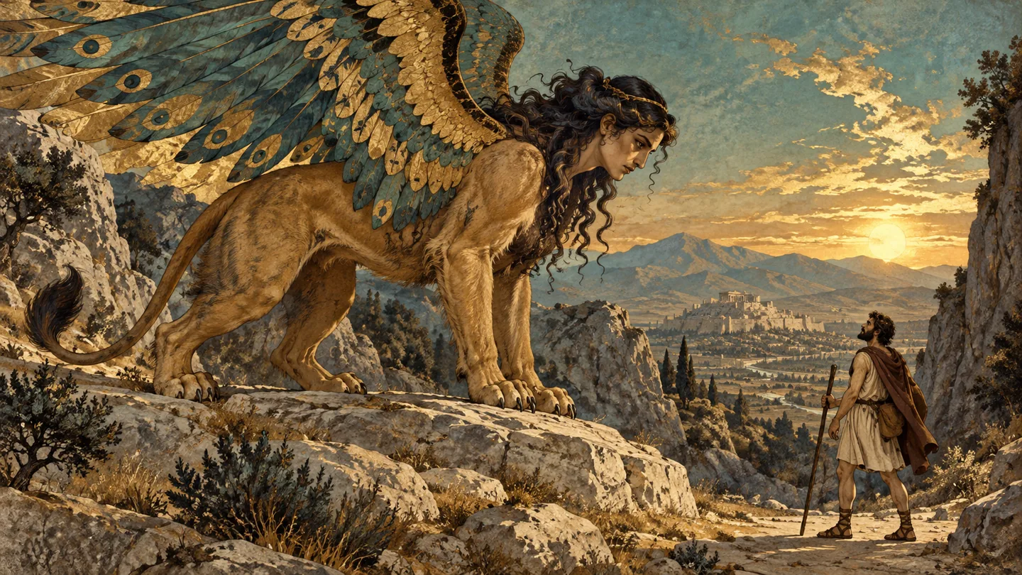 A vast gold-winged Sphinx faces a traveller in a rocky pass above a distant Greek city.